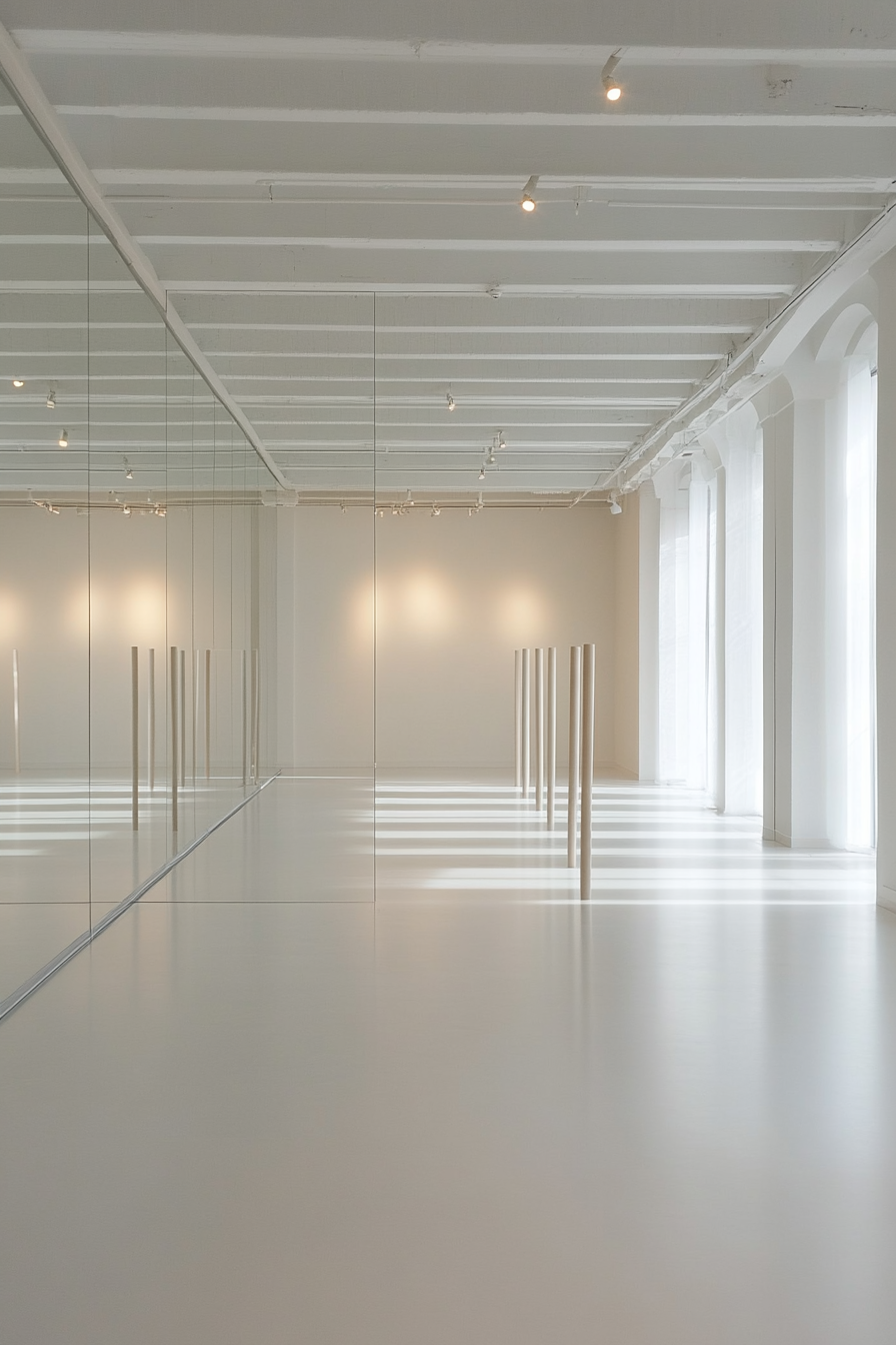 Movement practice space. Ballet barre against mirror wall, sound system, white sprung floor.