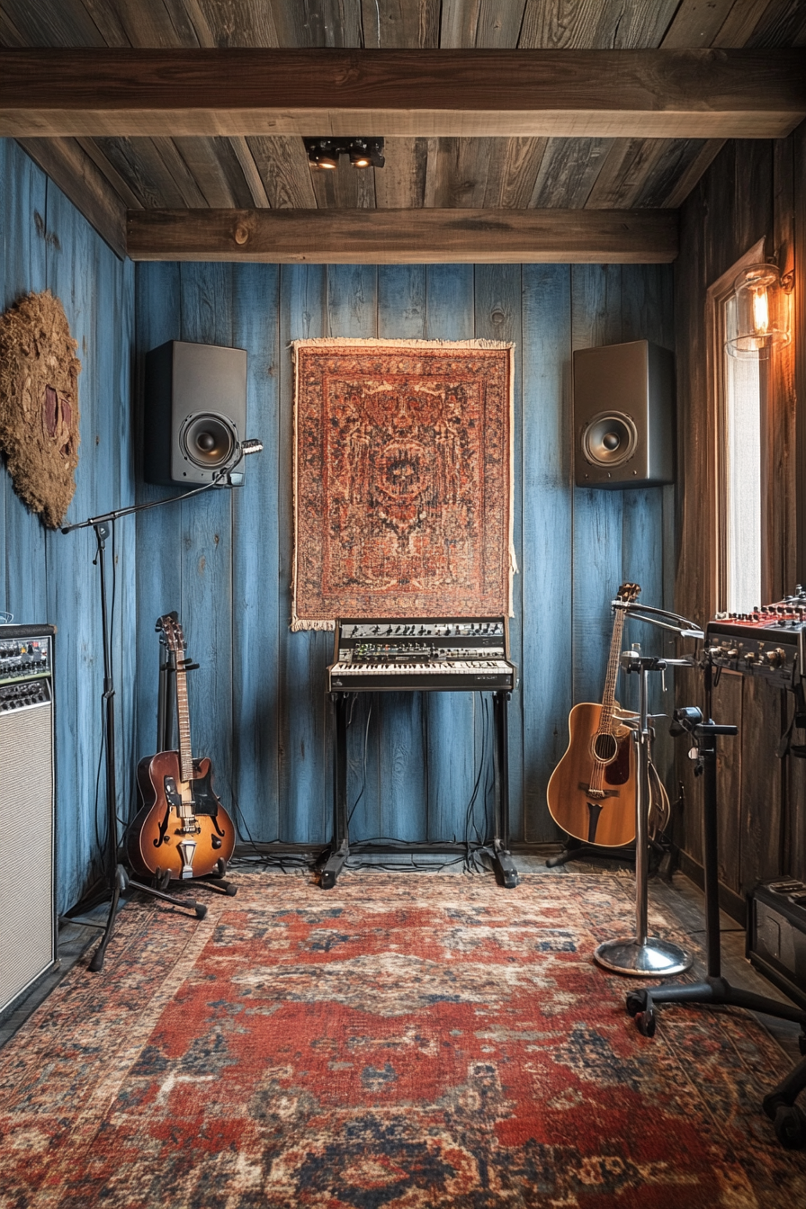 Mobile studio space. Muted blue recording booth with a hint of weathered wood paneling accents.
