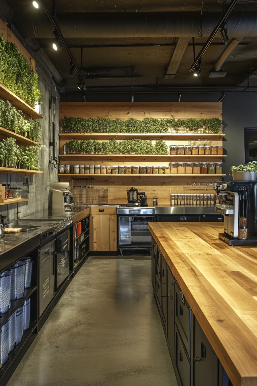 Community cooking space. Herb walls on timber countertops, large vitrified tile work areas, assorted bulk storage.