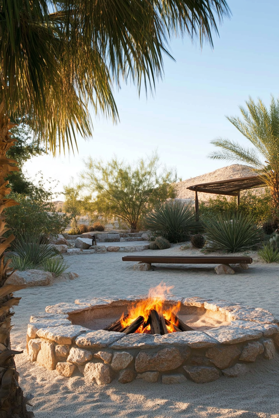 Palm Grove Space. Traditional stone fire pit surrounded by sand dunes and nearby desert spring.