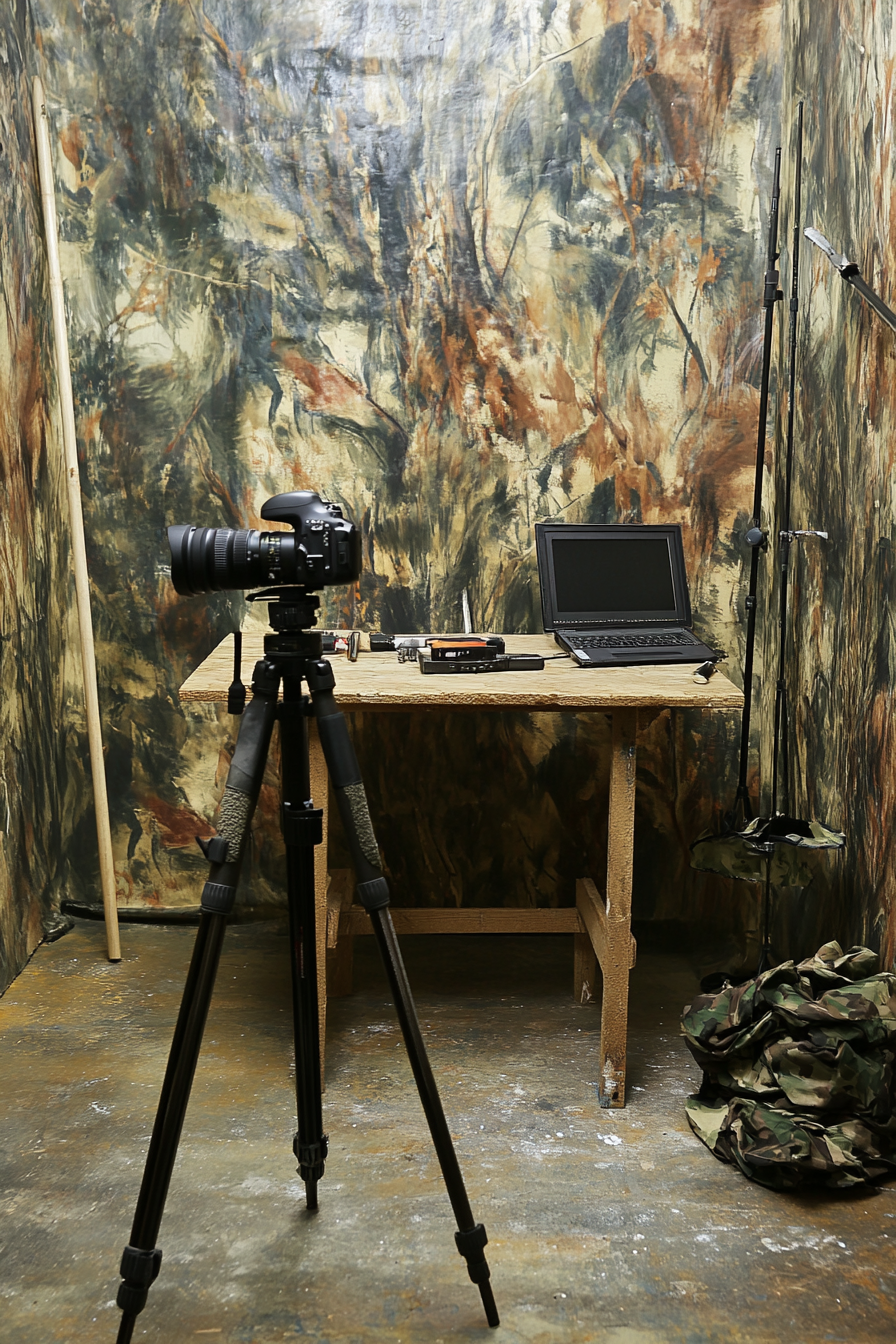 Nature Observation Space. camouflage painting, camera tripod, blind setup, wooden table, editing photostation setup.