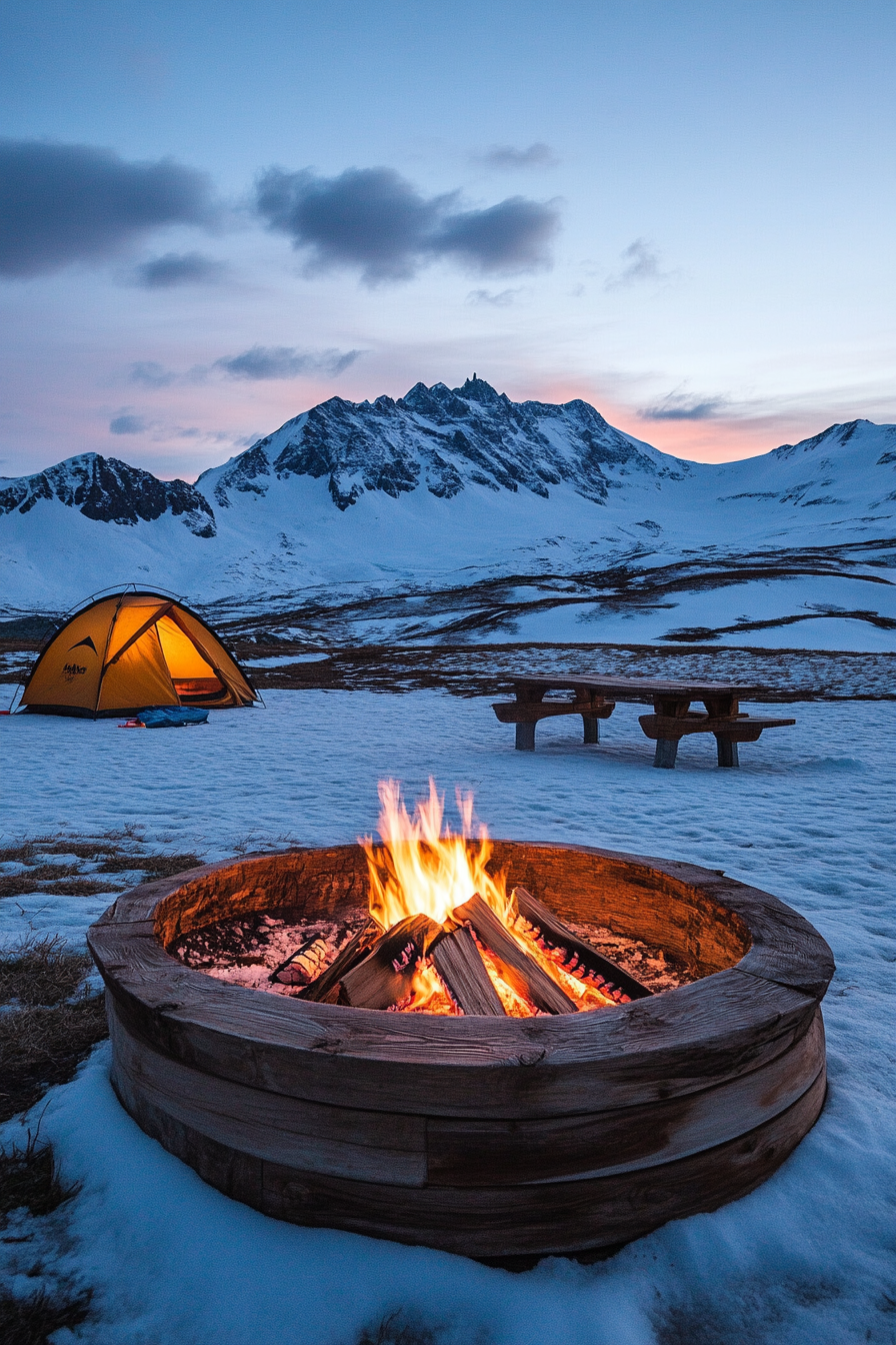 High Alpine Site. Wind-protected fire pit with nearby aurora viewing tent facing snowy peaks.
