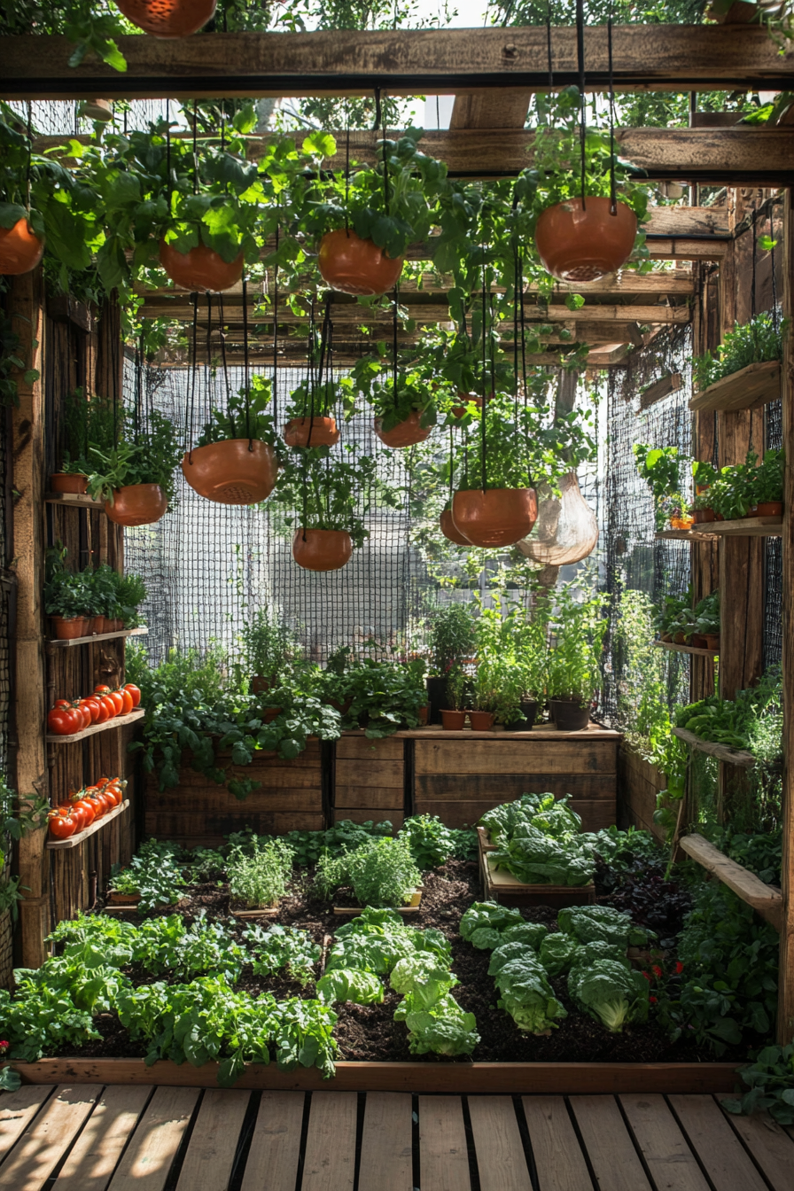 Community living space. Vegetable patches with hanging herb planters in the garden kitchen.
