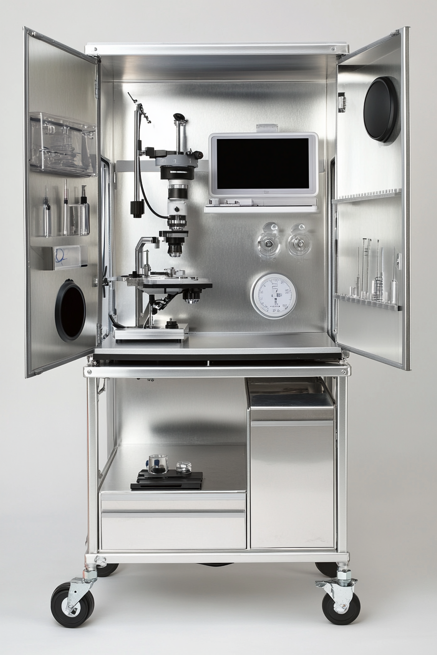 Mobile research space. Portable microscope station with chrome finishes and LED lighting.