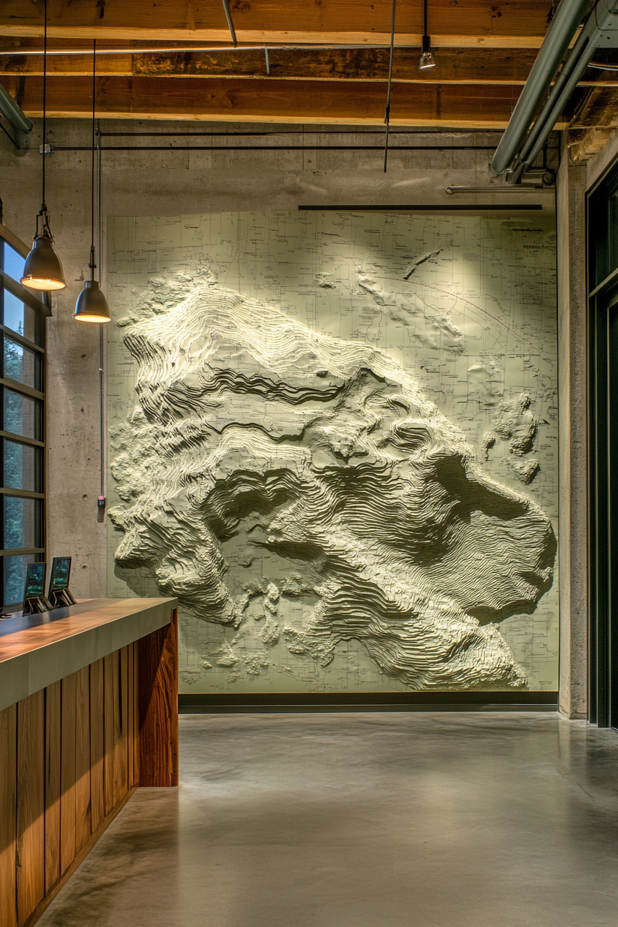 Mountain community space. Topographic wall map in a well-lit briefing area.