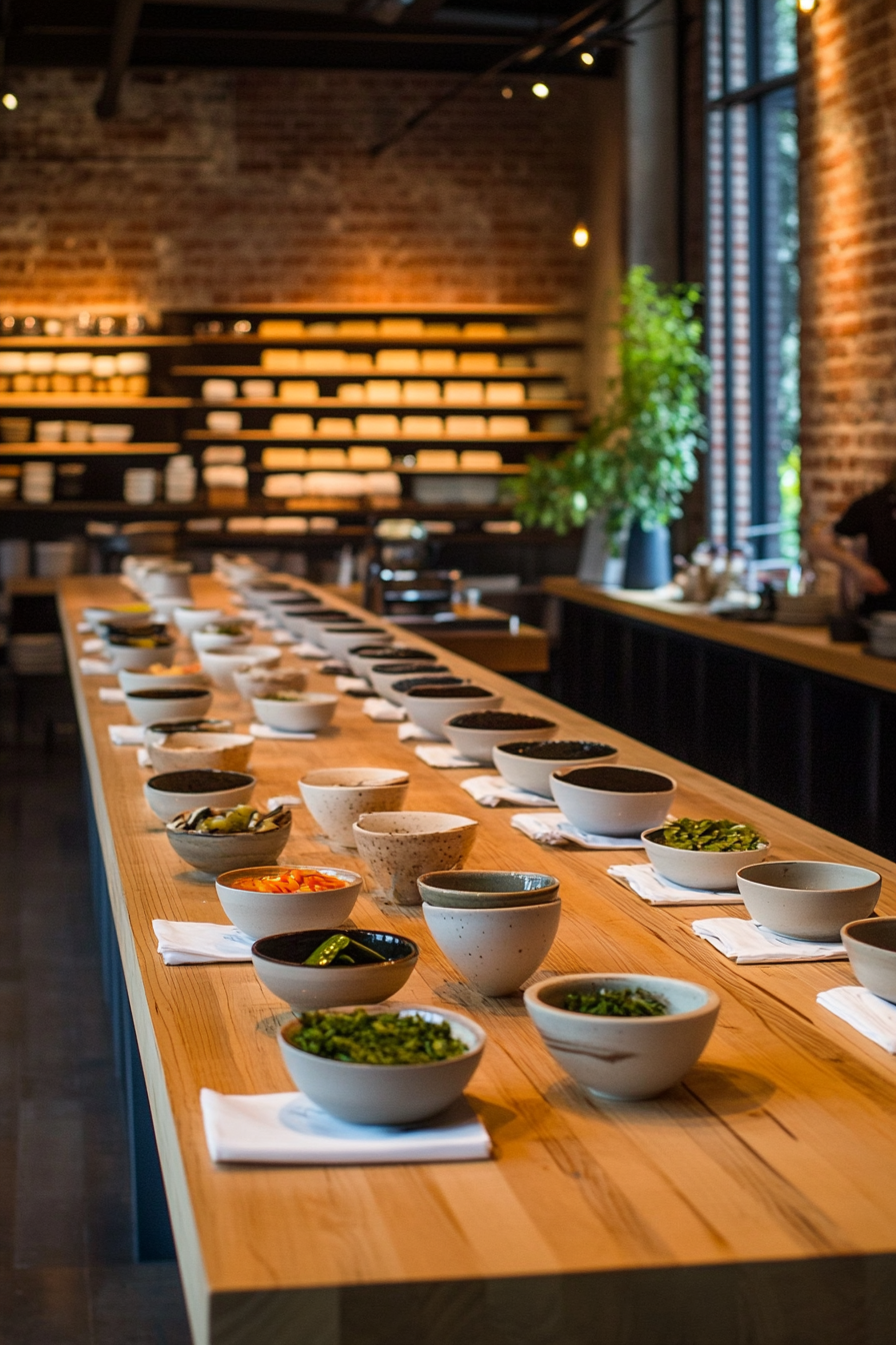 Social Cooking Space. Communal plank table adorned with mixed ceramic bowls and napkins.