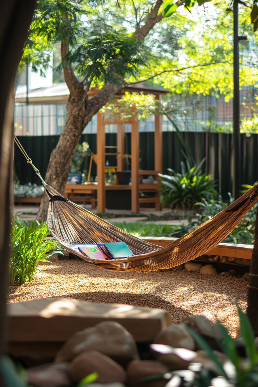 Outdoor education space. Hammock node with integrated study corner.