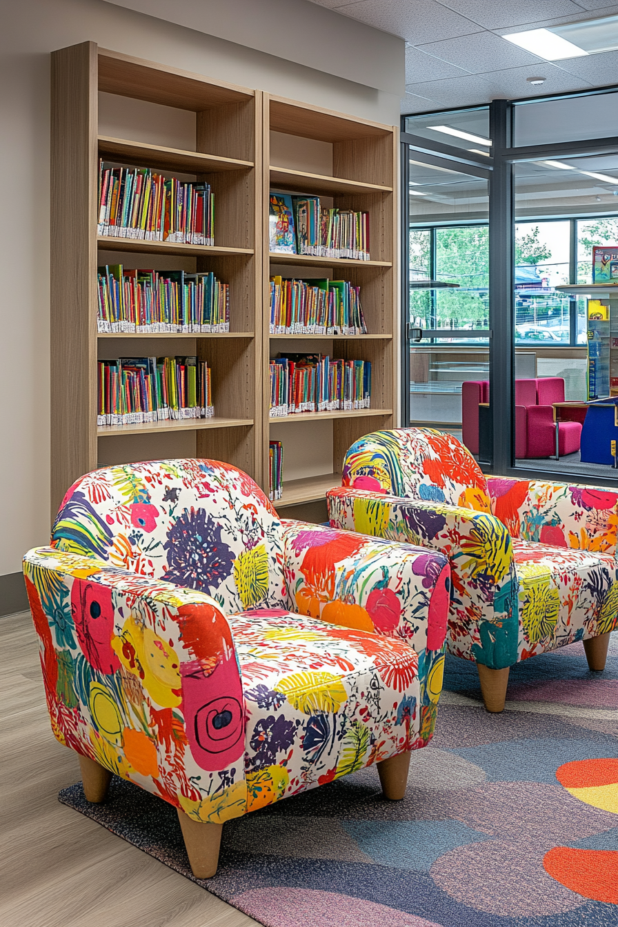 Community Learning Space. Story corner with rainbow-patterned armchairs.