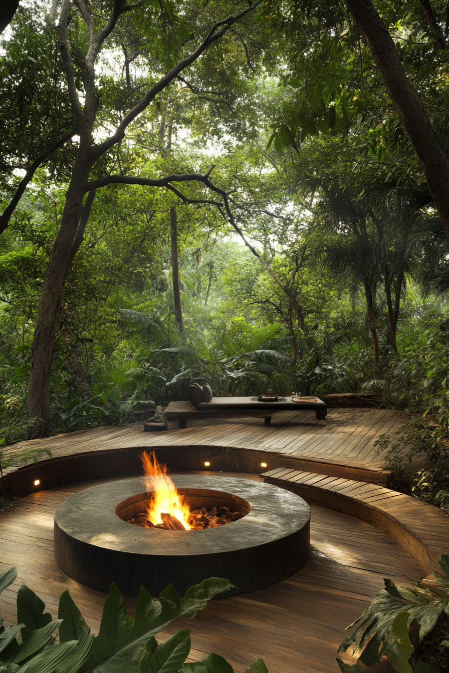 Jungle clearing. Raised platform, large fire pit, wildlife observation corner.