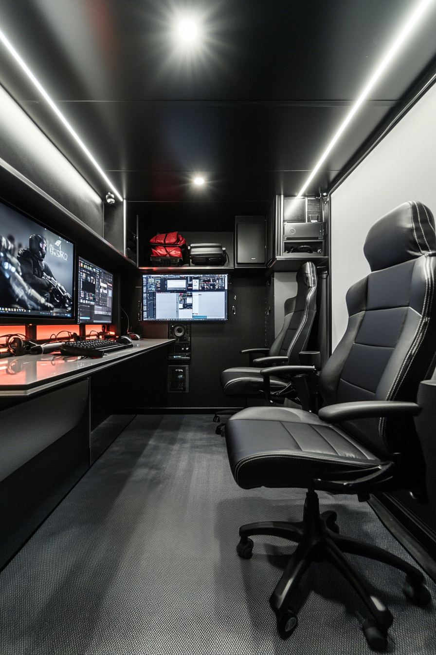 Mobile production space. Glossy black dual monitors, rendering station, radiant heating client lounge.