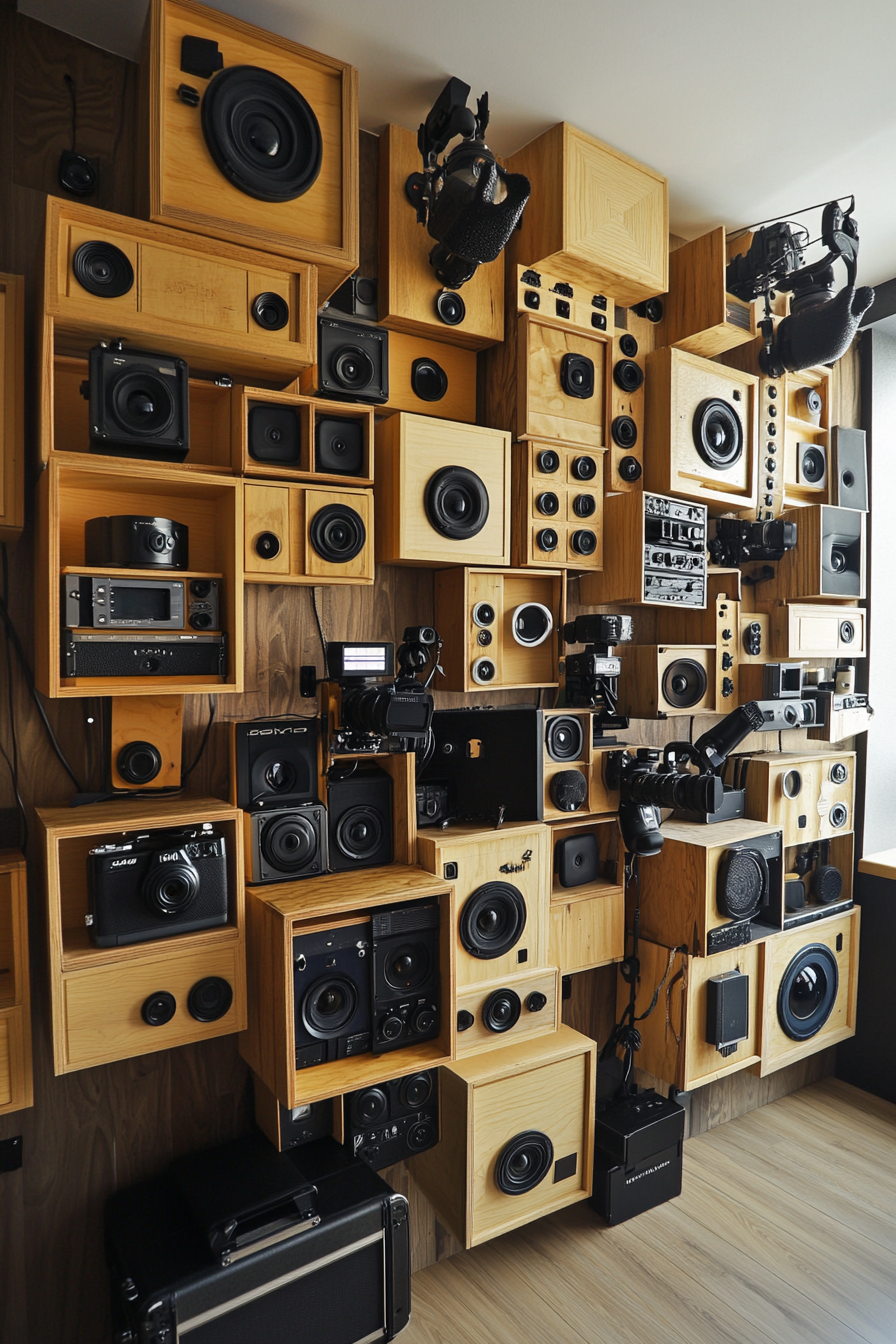 Creative mobile space. Wall-mounted wooden storage units for cameras and microphones.