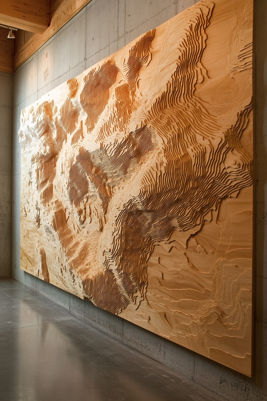 Mountain community space. Detailed topographical map on the central wall.