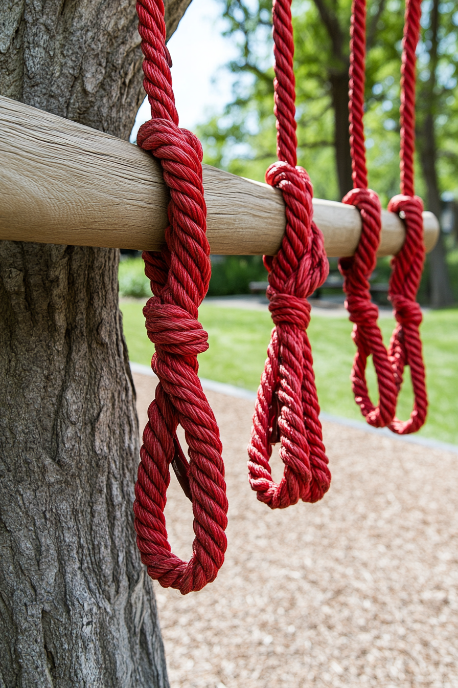 Outdoor Education Space. Knot-tying station with red colored ropes.