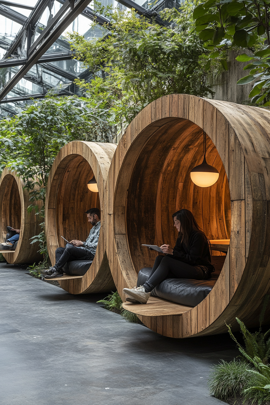 Community space. Rustic wooden quiet pods with landscaped interiors.