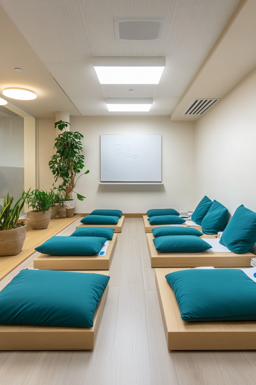 Event support space. Minimalist lounge with teal cushions, white board and USB charging ports.