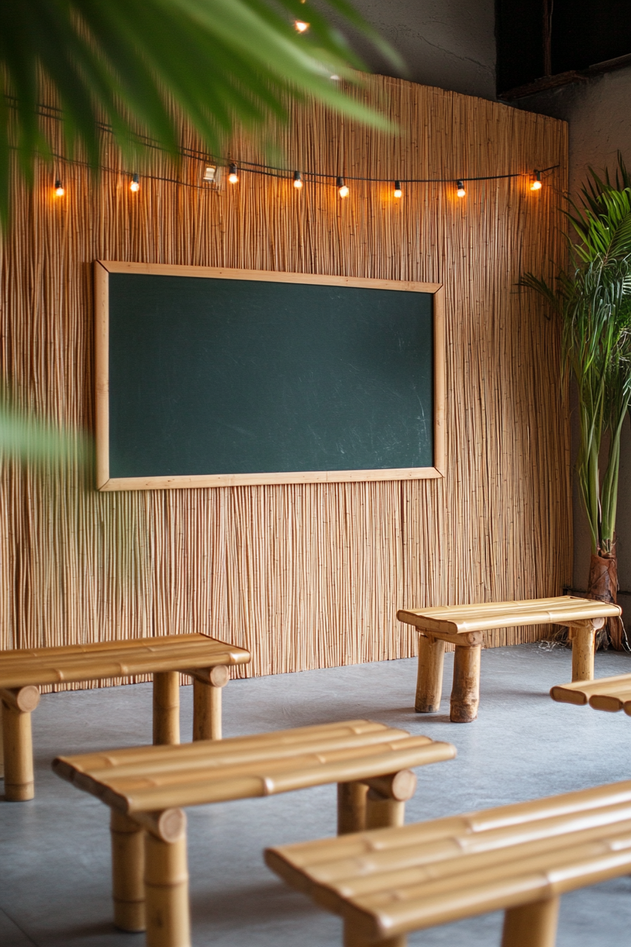 Event Support Space. Bamboo benches, power outlets, chalk community board.