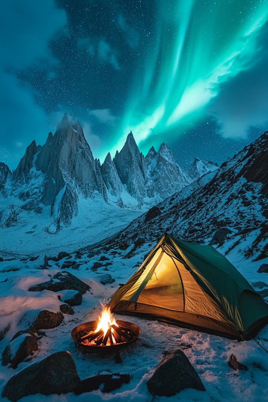 High Alpine site. Tent positioned beneath Aurora, raised fire-pit facing mountain peaks.