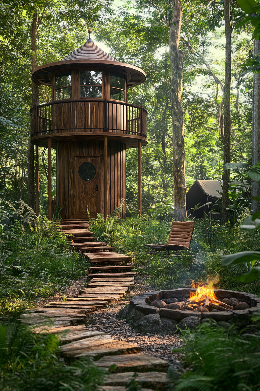 Clearing space. Wooden observatory tower in lush emerald green jungle, sperated glamping area with fire pit.