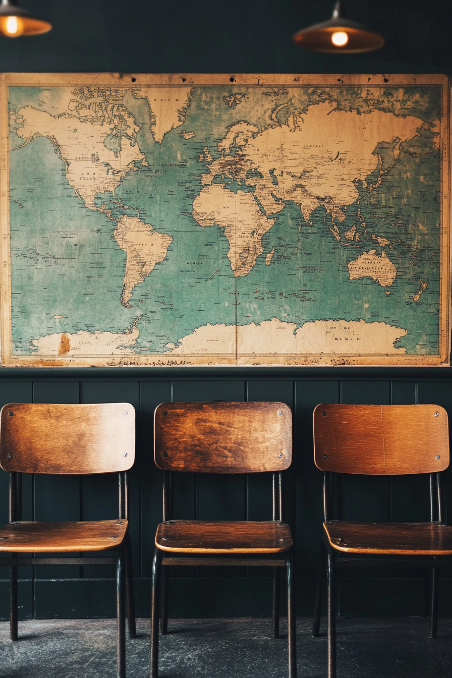 Mountain Community Space. Wall-colored briefing area with vintage world map and wooden chairs.