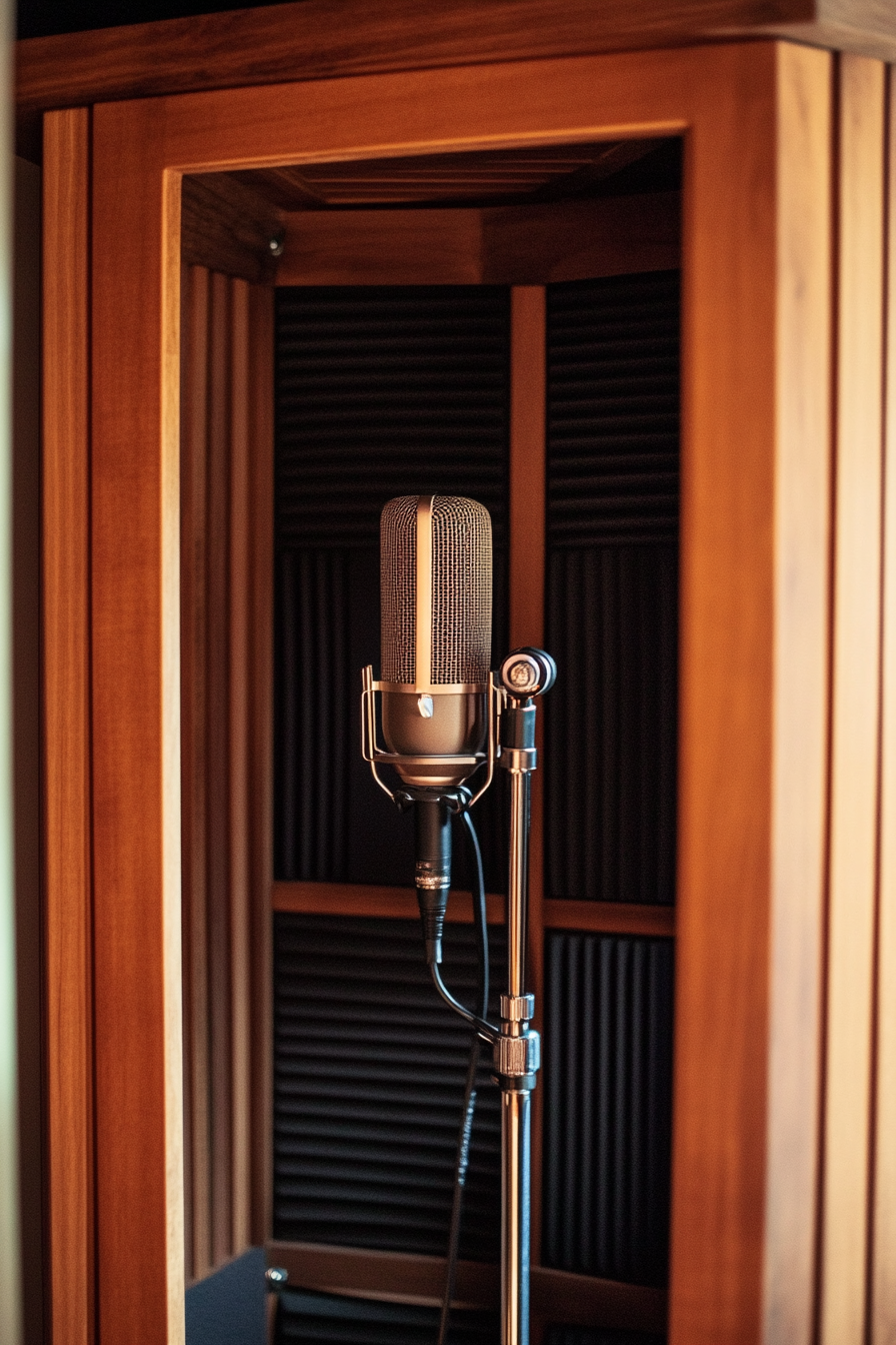 Mobile Studio Space. Recording booth framed by mahogany wood.