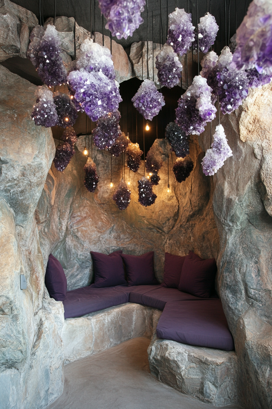 Mountain Wellness Space. Boulder framed meditation cave with hanging amethyst clusters.