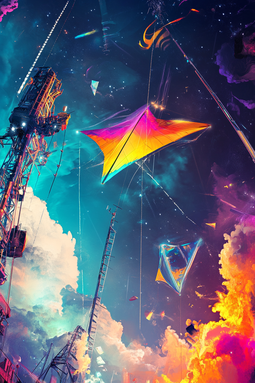 Adventure Launch Space scene. A colorful kite tangled in a radar weather station.