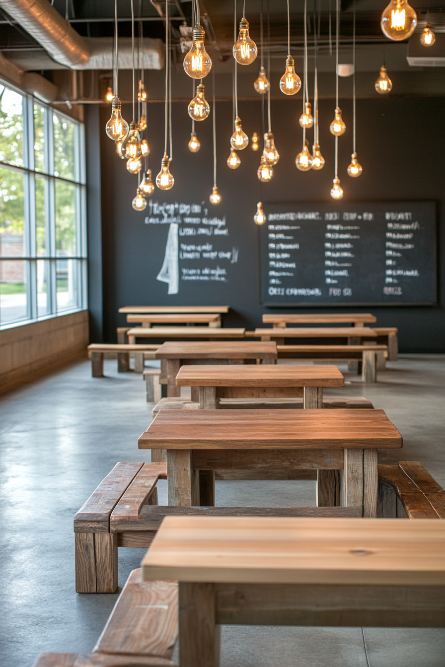 Community Learning Space. Recycled wood tables grouped in teaching zone with hanging light bulbs.
