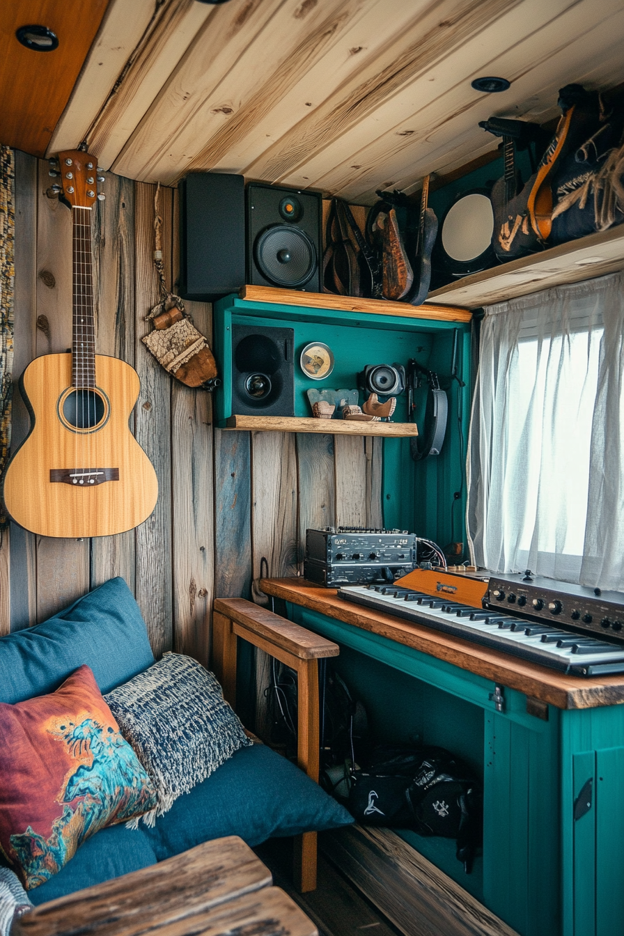Mobile studio space. Oak ukulele rack, teal recording booth, driftwood beach stage.