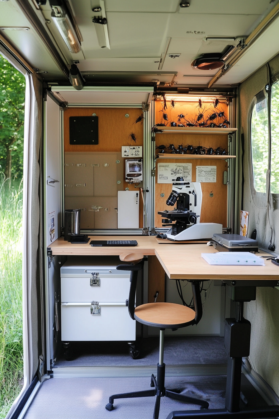 Mobile Research Space. Portable microscope, weather-resistant cabinets with insect samples, foldable field desk.