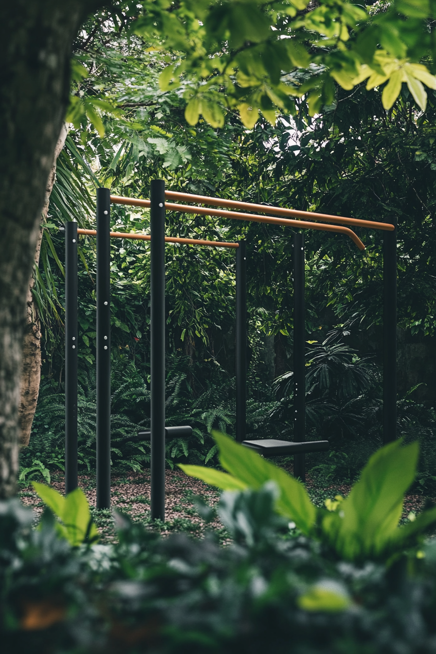 Outdoor gym. Minimalist metal bars for calisthenics with lush green vegetation.