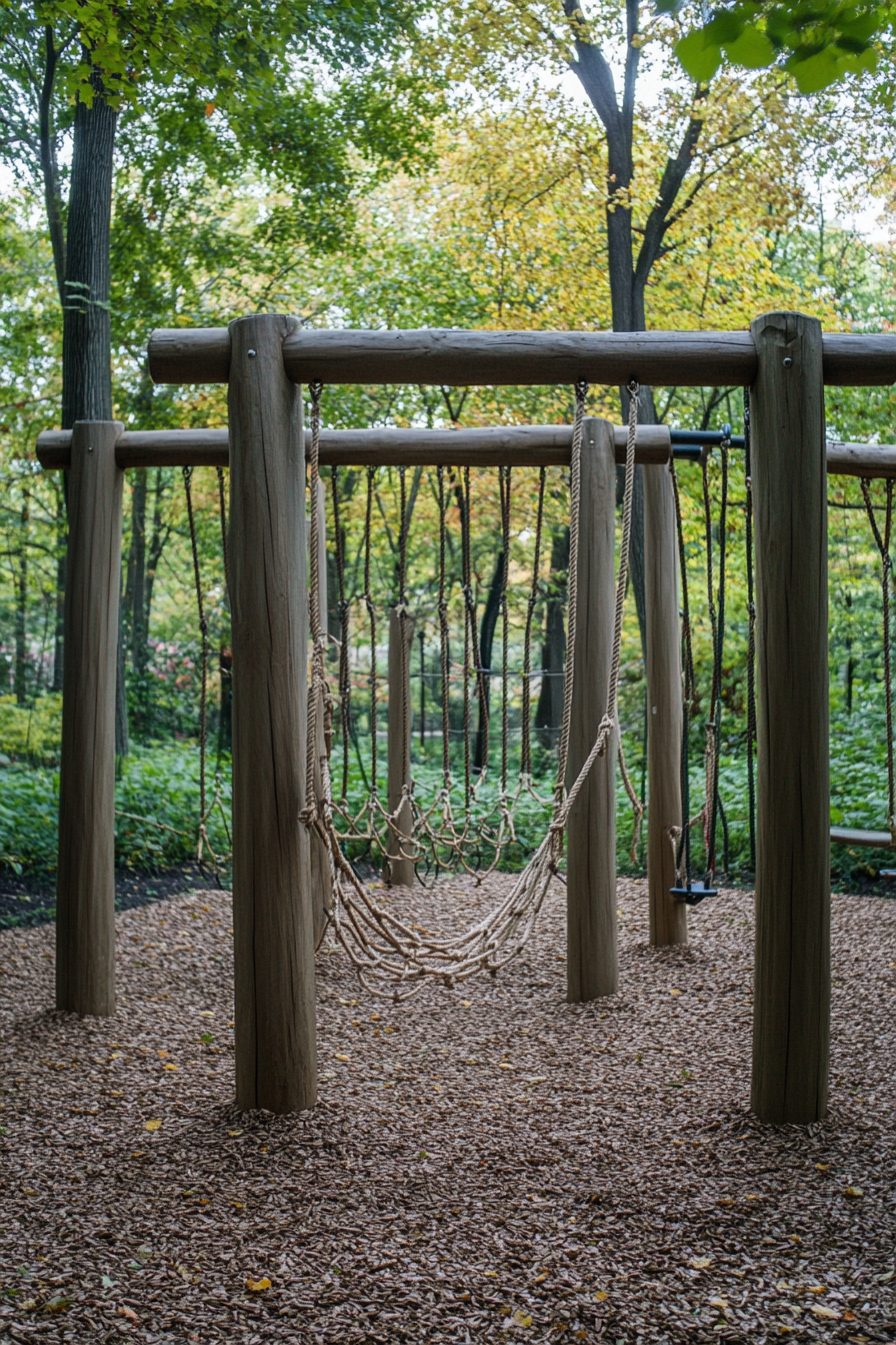 Outdoor education space. Rope climbing structure amid maple trees.