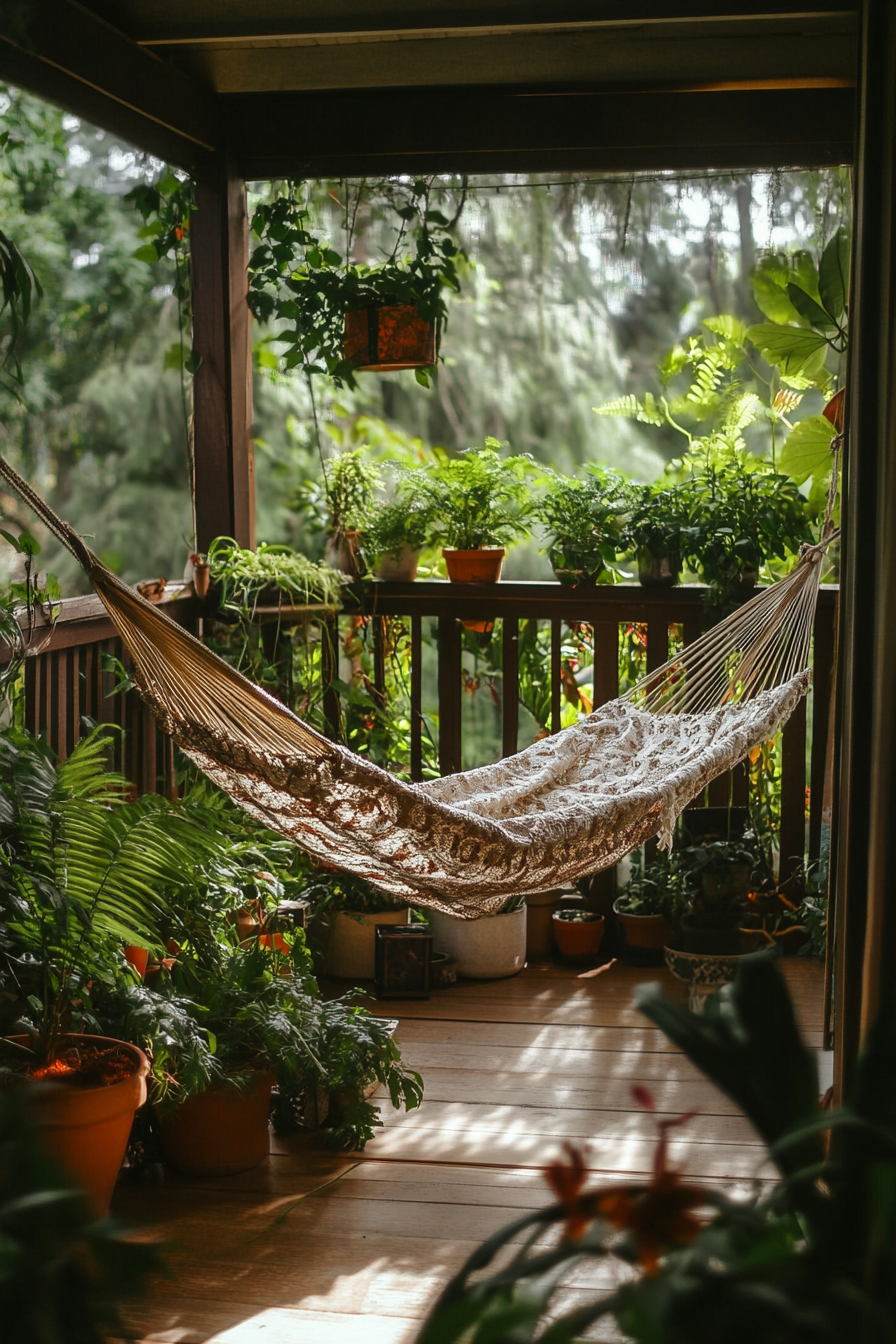 Wellness escape space. Hammock suspended on balcony among potted ferns