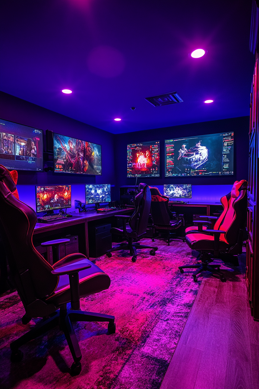 Social gaming space. Dimly-lit room with multiple eSports tournament screens and gaming chairs.