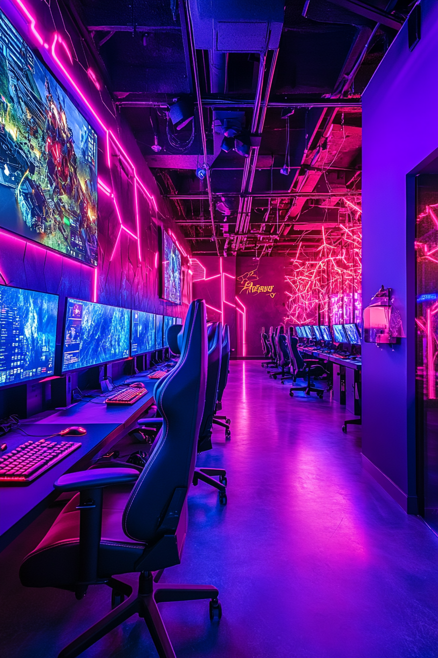 Social Gaming Space. eSports setup, bright neon lights, stadium seating, large projection screens.