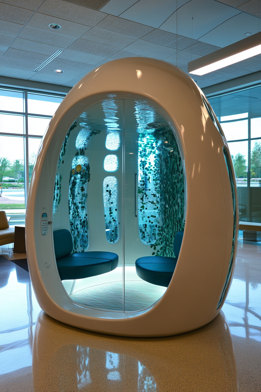 Community space. aquatic-themed quiet pod with sound-absorbing panels.