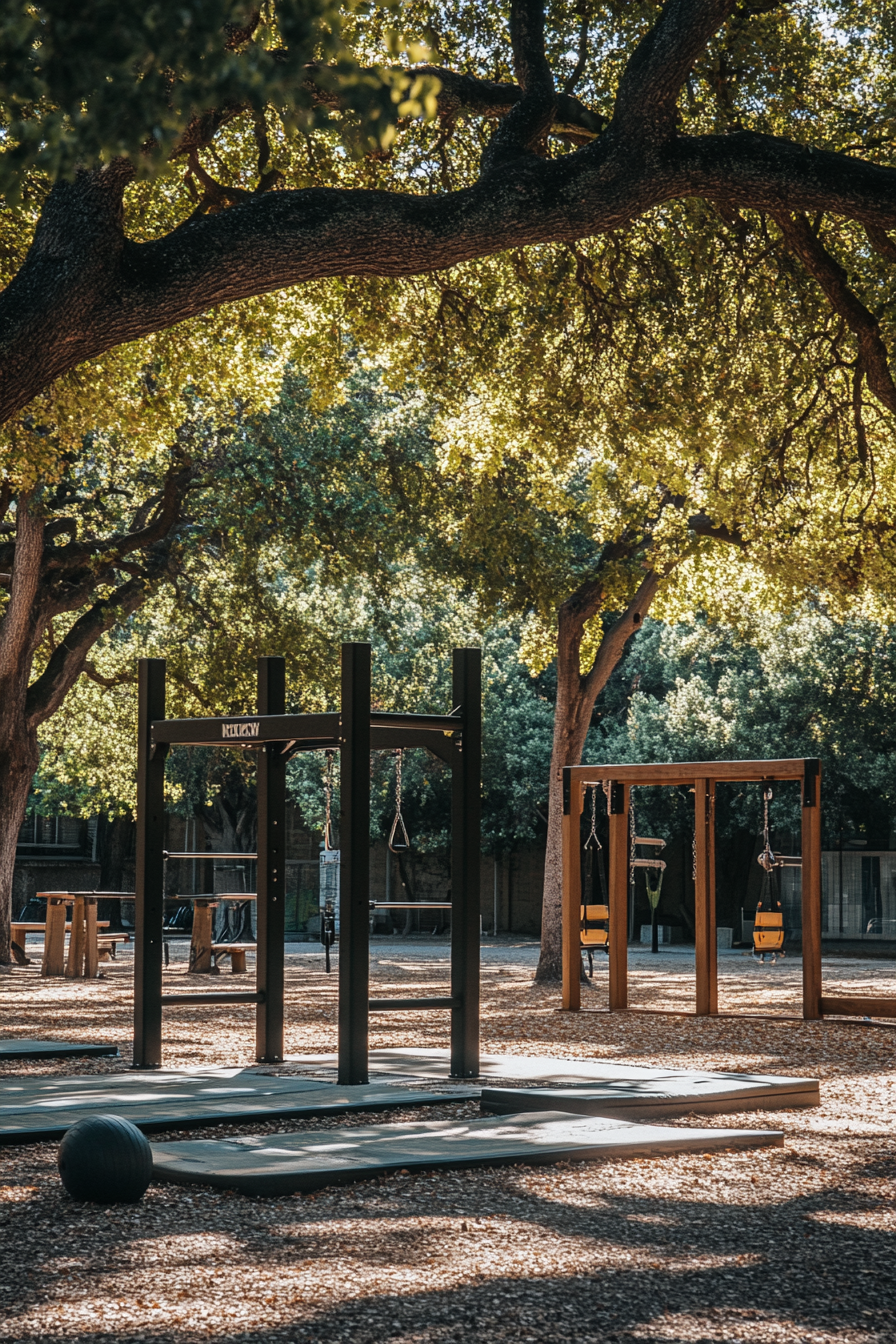 Fitness Community Space. Outdoor crossfit equipment beside towering oak trees.