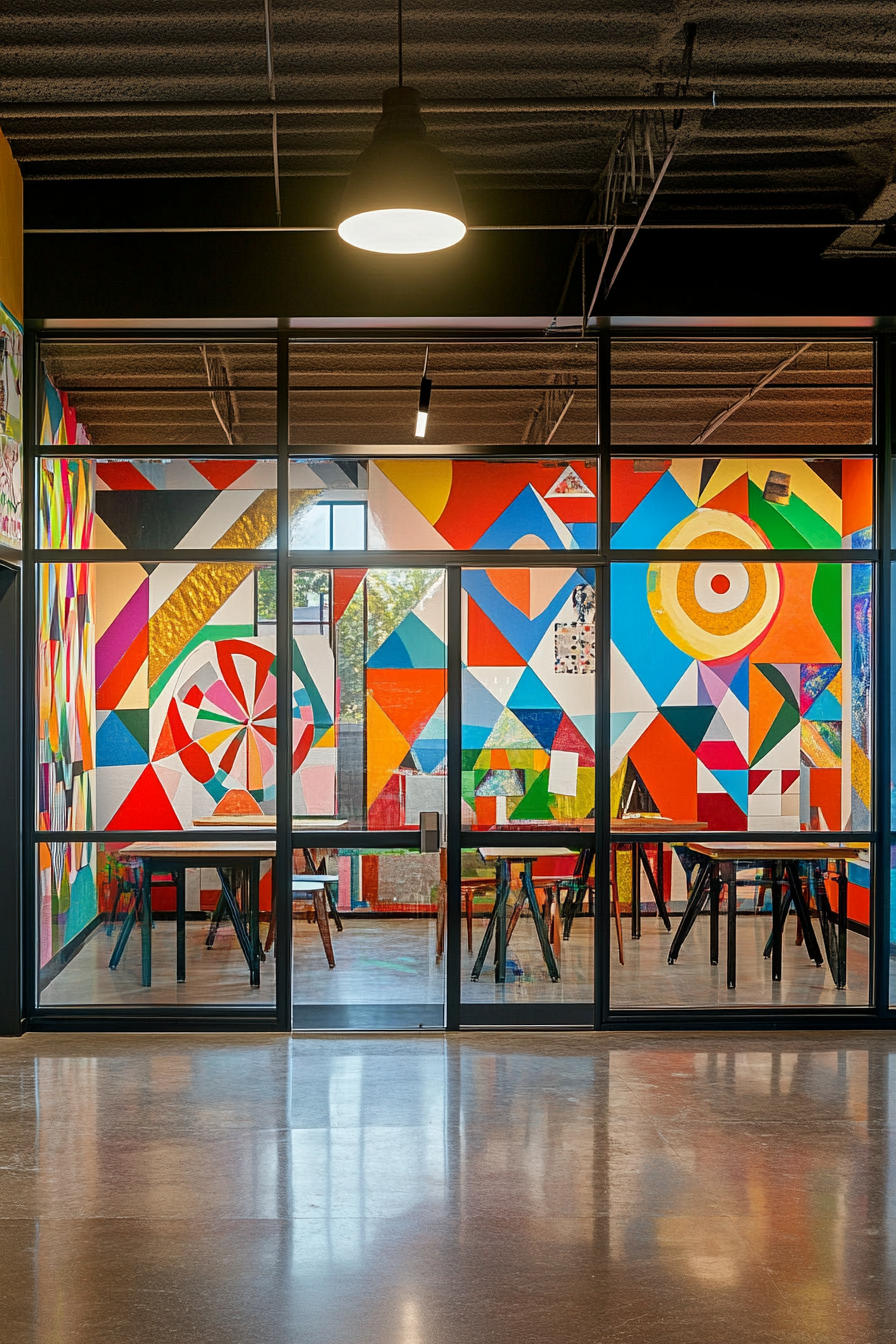Community space. Glass-walled art studios with geometric decals.