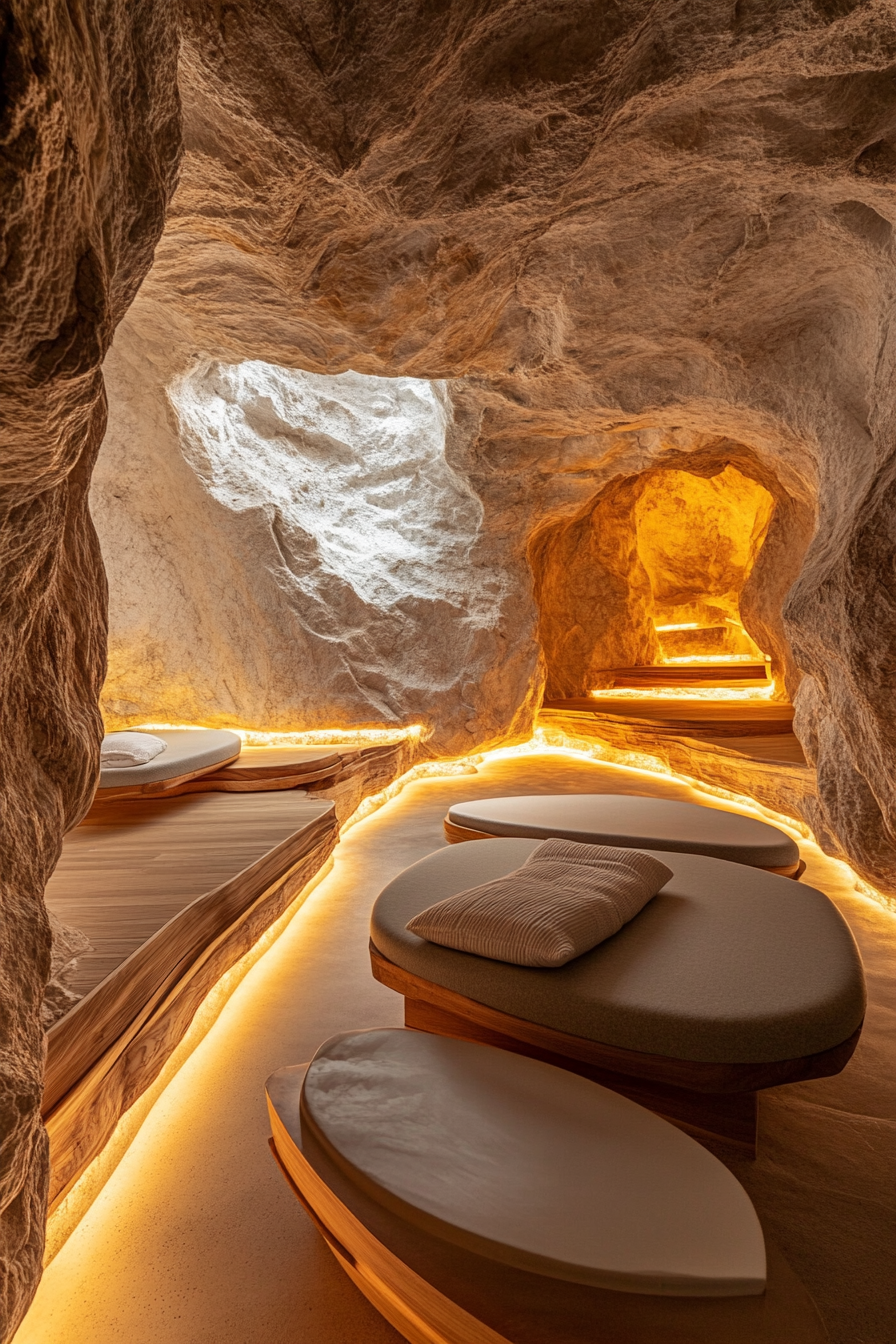 Mountain Wellness Space. Fluent-designed meditation cave with subtle mood lighting.