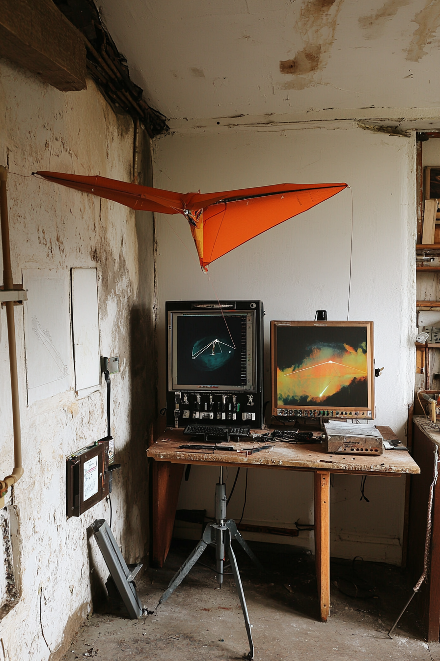 Adventure launch space. Red kite undergoing repair next to a high-tech weather station.