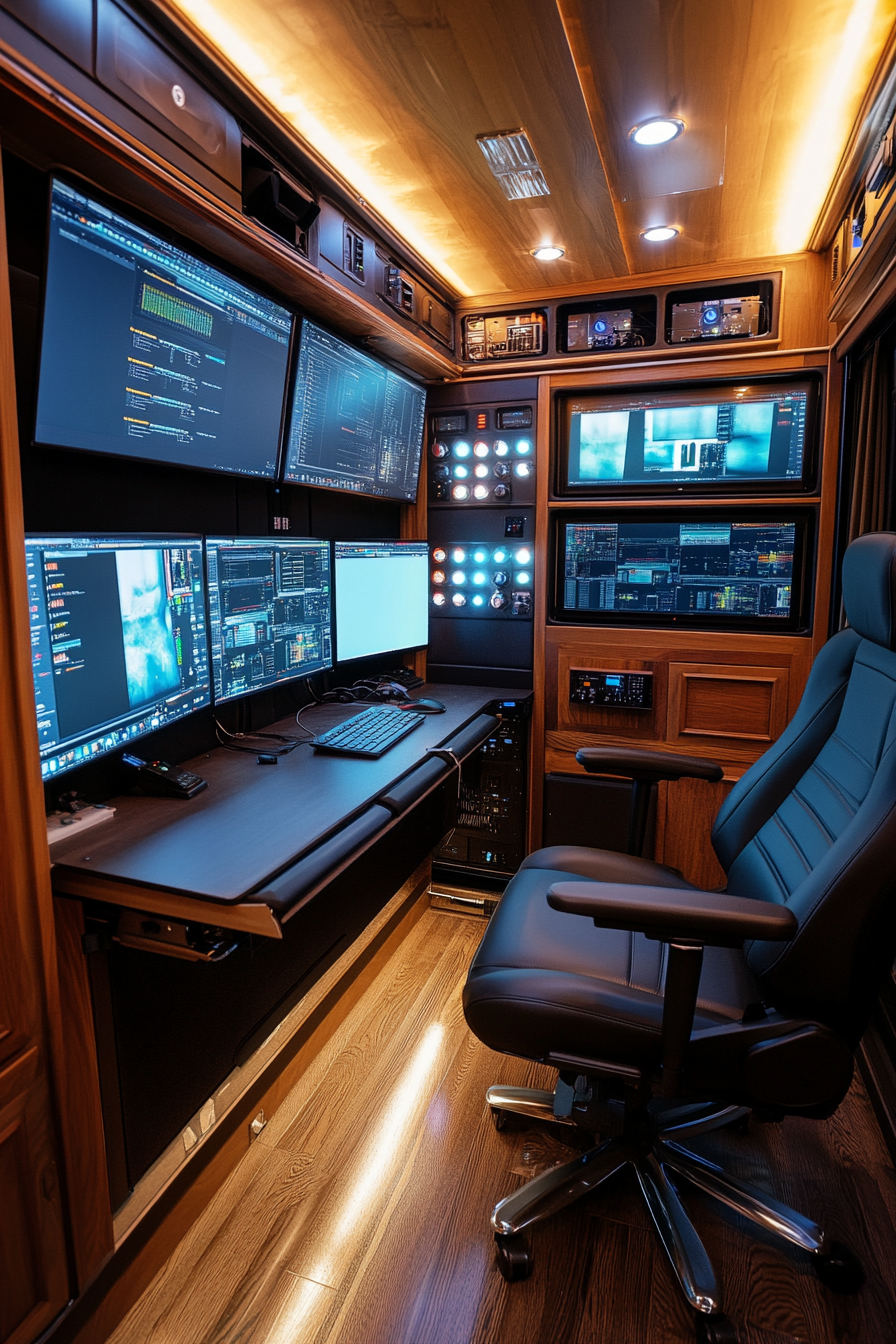 Mobile production space. Rendering station with adjustable dual monitors, comfy-find lounge for clients.