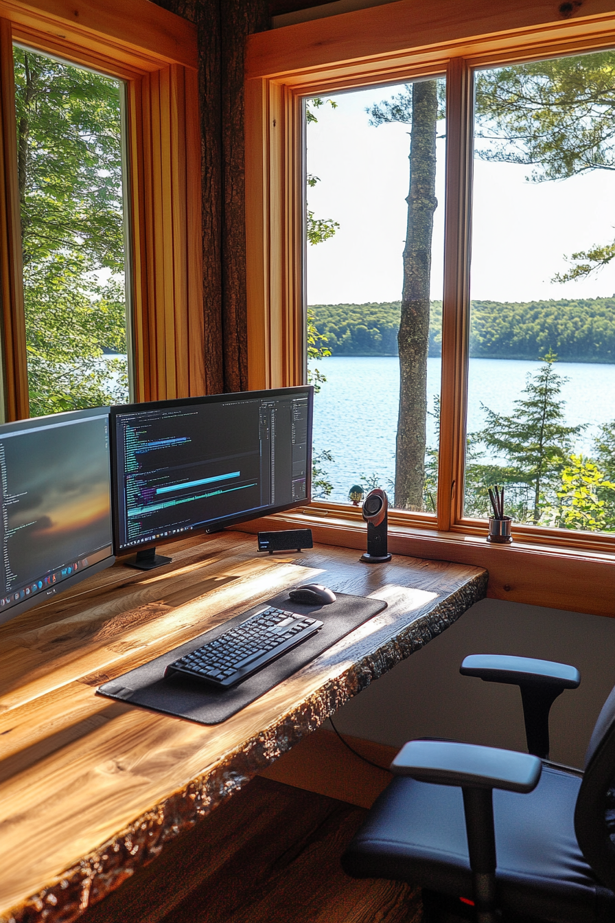 Nature Observation Space. Oak desk with dual monitor editing station, overlooking lakeside.