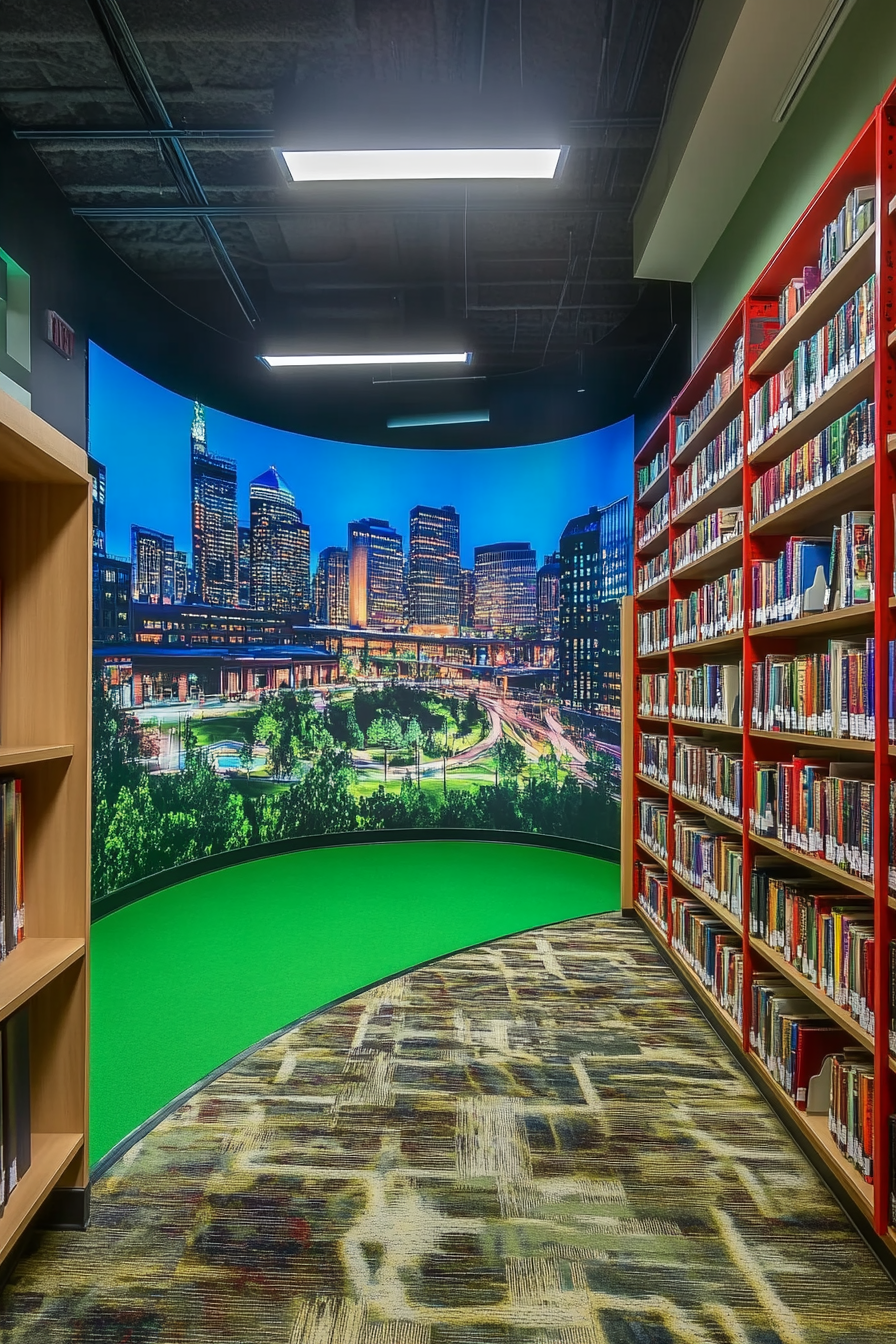 Creative Learning Space. Wall-sized green screen, panoramic cityscape mural, floor-to-ceiling bookshelves filled with textbooks.