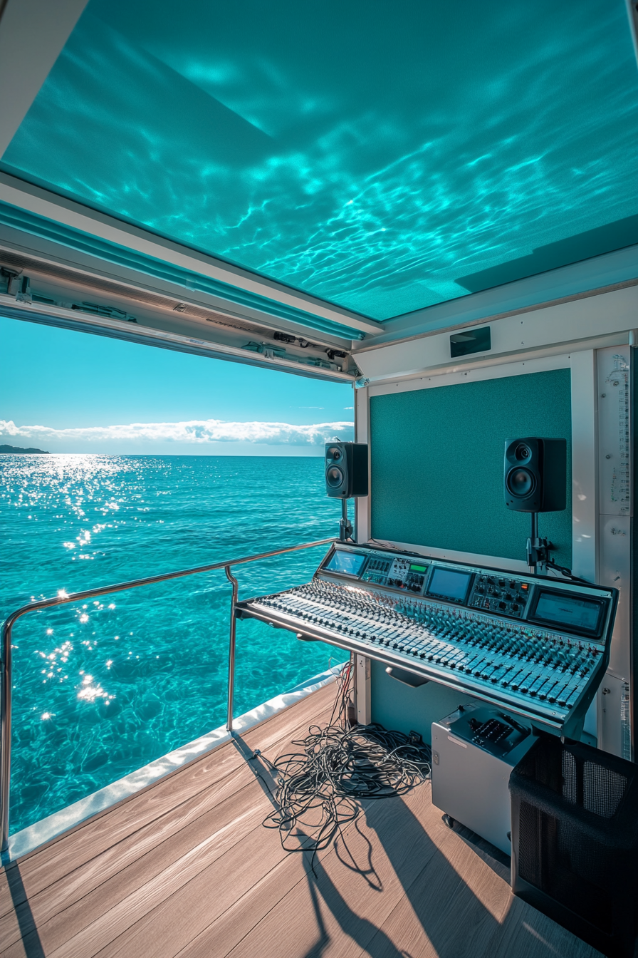 Mobile Studio Space. A slideout recording booth under aqua-marine awning facing the sea.