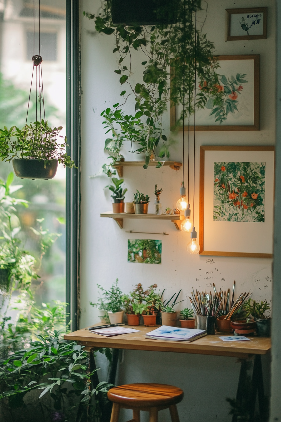 Wellness escape space. Sitting corner with hanging plants and watercolor painting equipment.