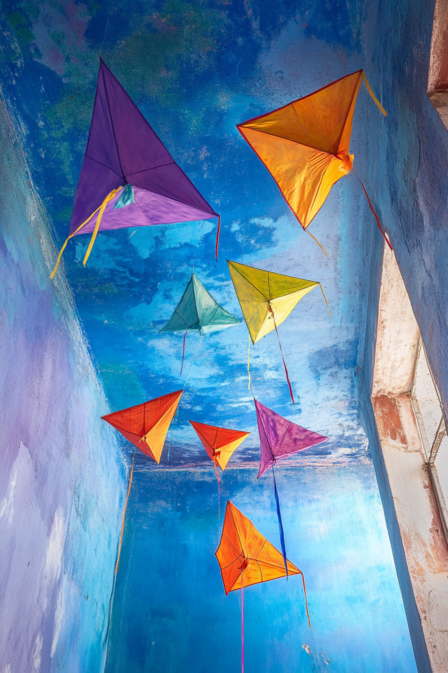 Adventure launch space. Colorful kites hanging from ultramarine painted ceiling.