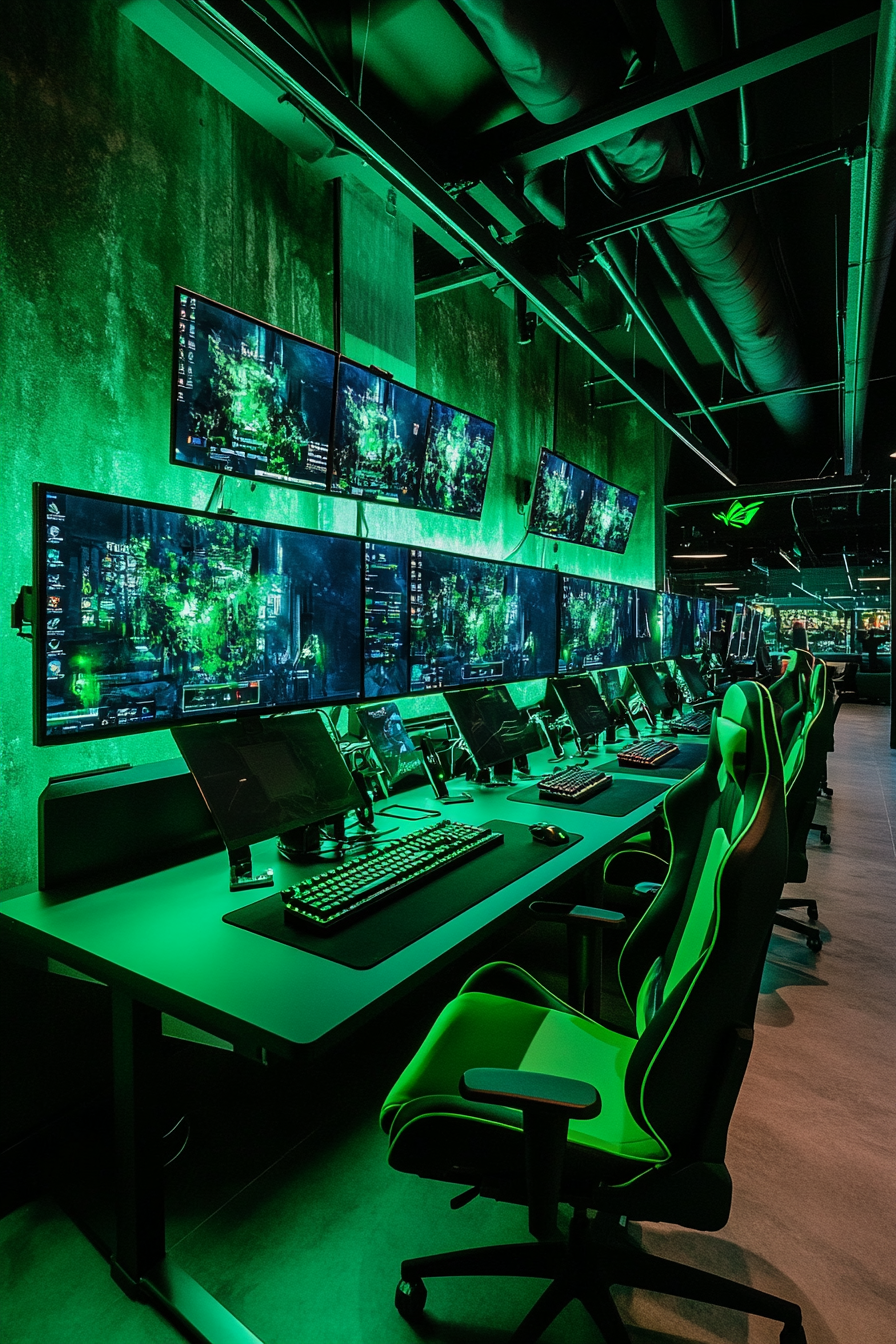 Social gaming space. Green-themed tournament setup with advanced tech screens.