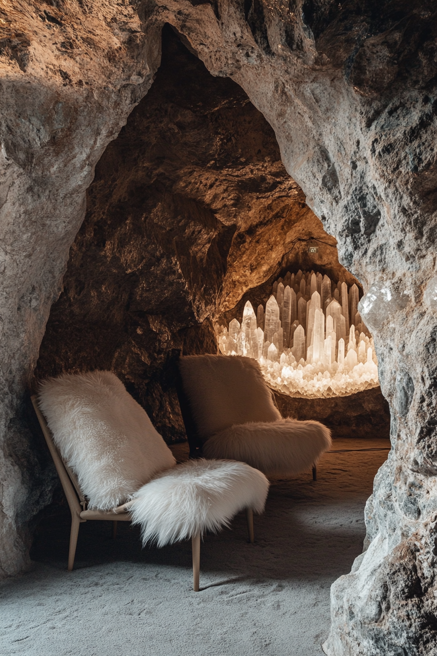 Mountain wellness space. Meditation cave with crystal formations.