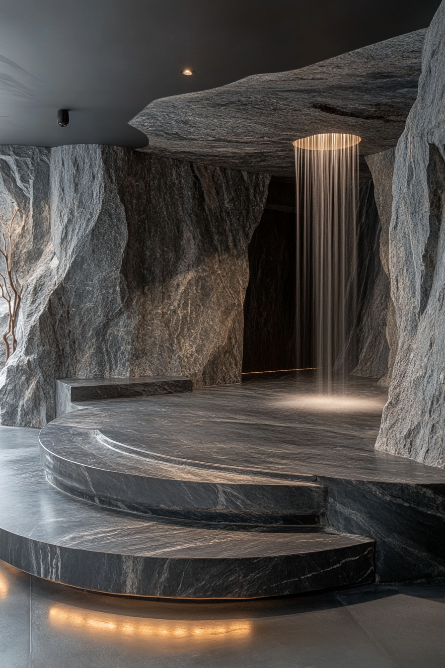 Mountain wellness space. Granite meditation cave with waterfall feature.