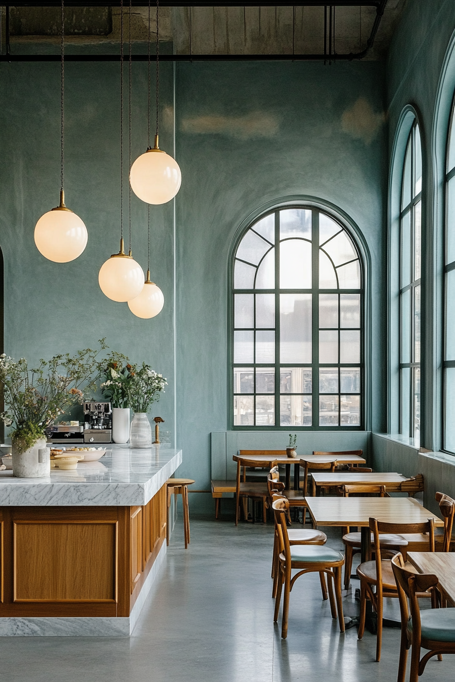 Social cooking space. Powder-blue bakery stations with mahogany communal dining tables and textured story corners.