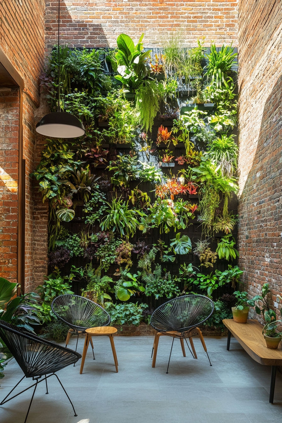 City oasis space. Sunlit vertical garden against brick wall.